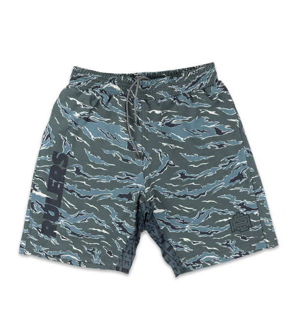 Front view of RULERS Fight Shorts in camo green, featuring a bold camouflage pattern and the RULERS logo, designed for high-performance training and combat sports