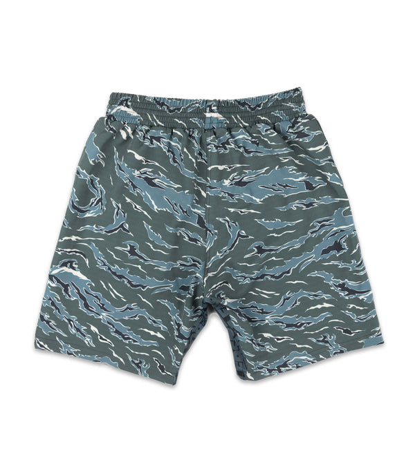 Back view of RULERS Fight Shorts in camo green, featuring a bold camouflage pattern and RULERS branding, designed for performance and comfort in training.