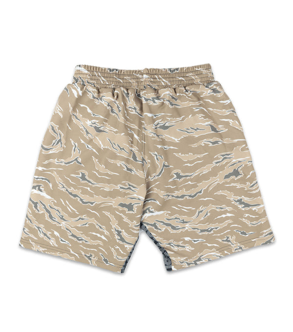 Back view of RULERS Fight Shorts in camo sand, with a bold camouflage pattern and RULERS logo, designed for optimal comfort and performance during intense training