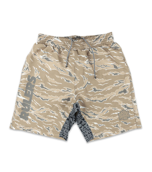Front view of RULERS Fight Shorts in camo sand, featuring a bold camouflage pattern and RULERS branding, designed for maximum performance in training and combat sports.